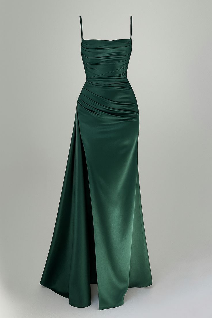 Charmante robe de bal sirène à bretelles spaghetti en satin vert émeraude, inspiration pour les adolescentes, tenues de soirée formelles, idées de robes de bal RB2183