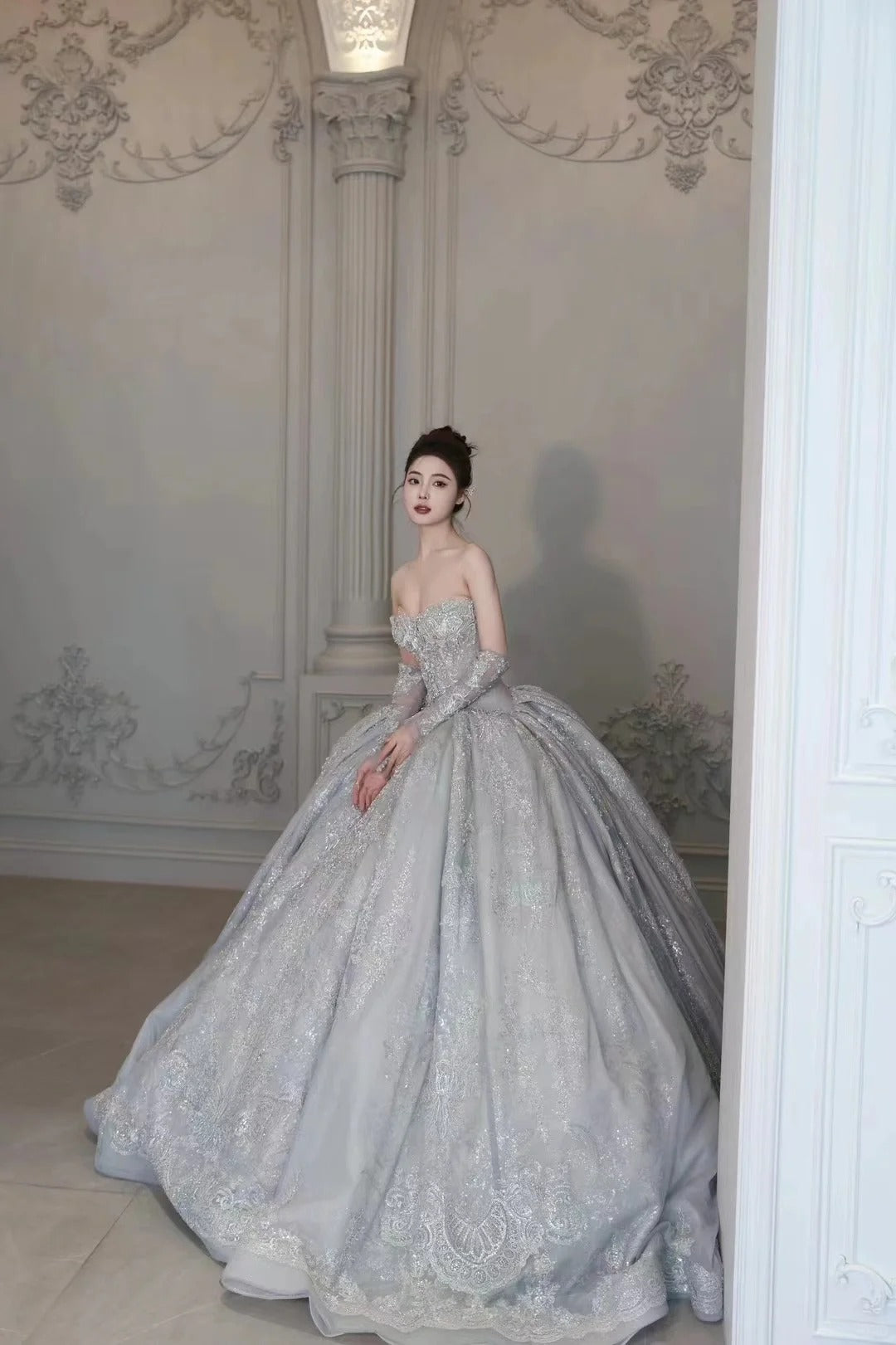 Robe de mariée luxueuse en dentelle à sequins et décolleté en cœur, style conte de fées, longue, RB2844