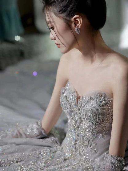 Robe de mariée luxueuse en dentelle à sequins et décolleté en cœur, style conte de fées, longue, RB2844