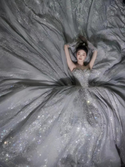 Robe de mariée luxueuse en dentelle à sequins et décolleté en cœur, style conte de fées, longue, RB2844
