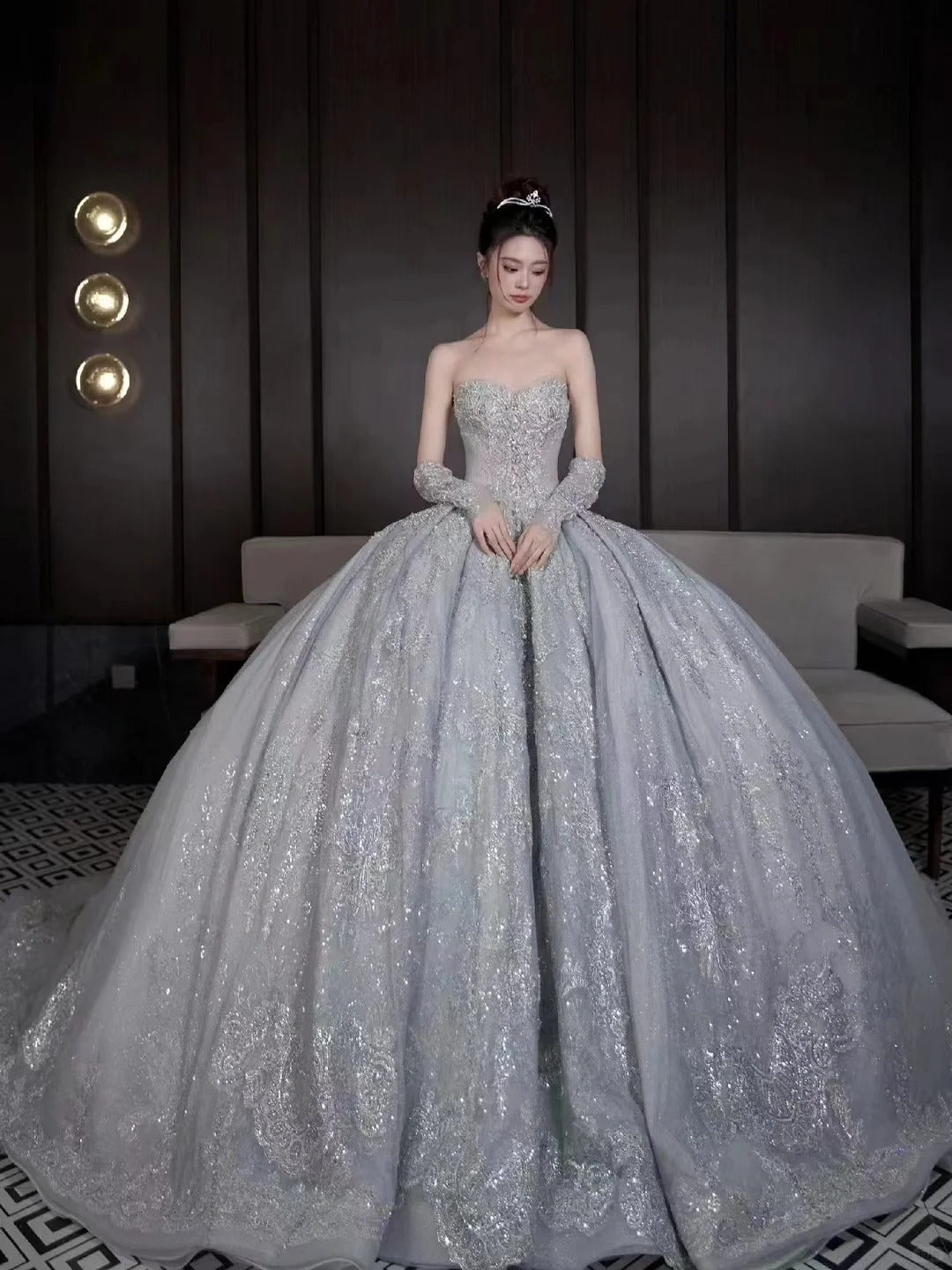 Robe de mariée luxueuse en dentelle à sequins et décolleté en cœur, style conte de fées, longue, RB2844