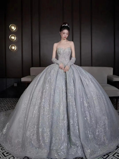 Robe de mariée luxueuse en dentelle à sequins et décolleté en cœur, style conte de fées, longue, RB2844