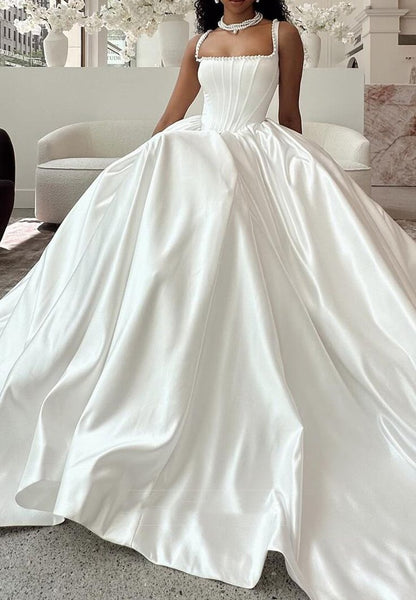 Princess Ball Gown Square Neck White Satin Wedding Dress Fairytale Bride Gowns Autumn Wedding Gown RB2858