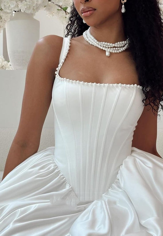 Princess Ball Gown Square Neck White Satin Wedding Dress Fairytale Bride Gowns Autumn Wedding Gown RB2858