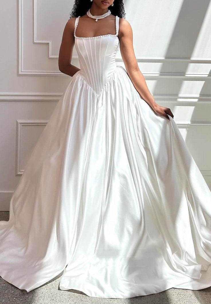 Princess Ball Gown Square Neck White Satin Wedding Dress Fairytale Bride Gowns Autumn Wedding Gown RB2858