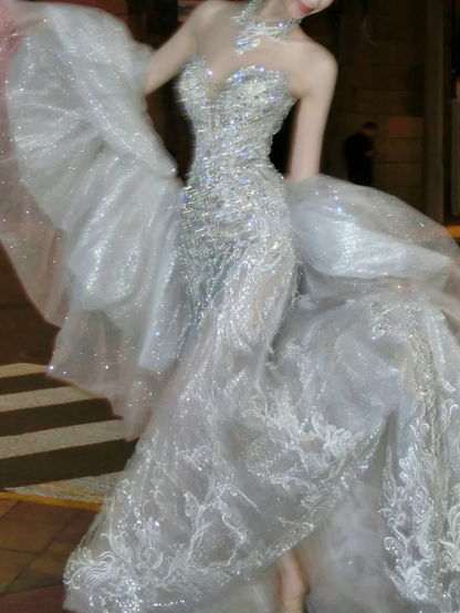 Luxury Ball Gown Sweetheart White Sequin Lace Wedding Dress Bride Gown Fairytale Wedding Dresses RB2863