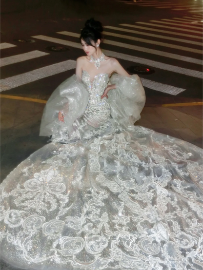 Luxury Ball Gown Sweetheart White Sequin Lace Wedding Dress Bride Gown Fairytale Wedding Dresses RB2863