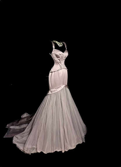 Belles robes de bal sirène en tulle rose clair avec volants longues tenues de soirée N3422
