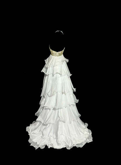 Charmante High-Low-Abschlussballkleider Weiß Trägerlos mit Rüschen und Perlen Lange Abendgarderobe N3425