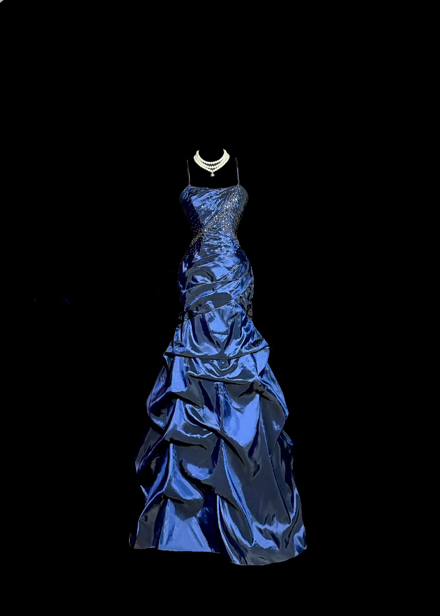 Wunderschöne Ballkleider für den Abschlussball, marineblau, Spaghettiträger, Taft mit Perlen, lange Abendkleider N3428
