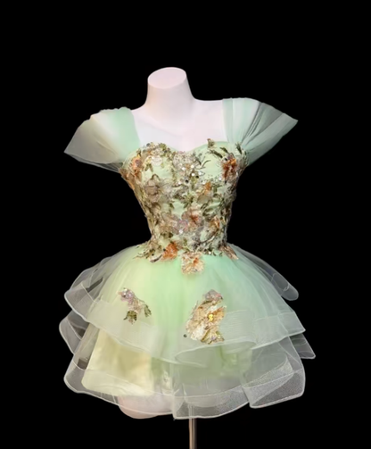 Wunderschönes Ballkleid schulterfrei, Salbeigrün für Damen, Spitze, Mini, Senior Inspo, kurze Geburtstagskleider, Heimkehrkleider RB3074