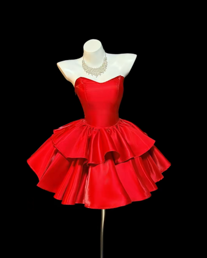 Wunderschönes Ballkleid, trägerlos, Satin, Rot, für Damen, Mini, Senior Inspo, kurze Outfits zum 16. Geburtstag, Ballkleider RB3080