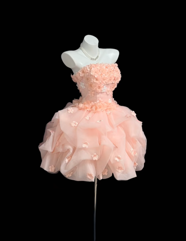 Feenhaftes Ballkleid Trägerlos mit 3D-Blumen Abschlusskleid Blush Pink Mini Senior Inspo Kurze Homecoming-Kleider RB3098