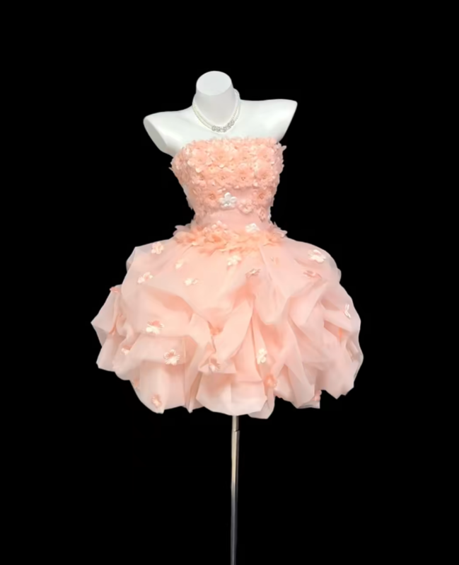 Feenhaftes Ballkleid Trägerlos mit 3D-Blumen Abschlusskleid Blush Pink Mini Senior Inspo Kurze Homecoming-Kleider RB3098