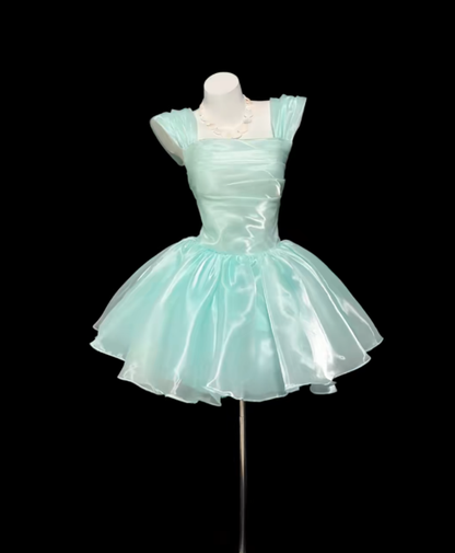Niedliches Ballkleid, eckiger Ausschnitt, Tiffany-Blau, Mini, Senior-Inspo, kurze Geburtstagsparty-Outfits für den 17. Geburtstag, formelle Heimkehrkleider RB3102