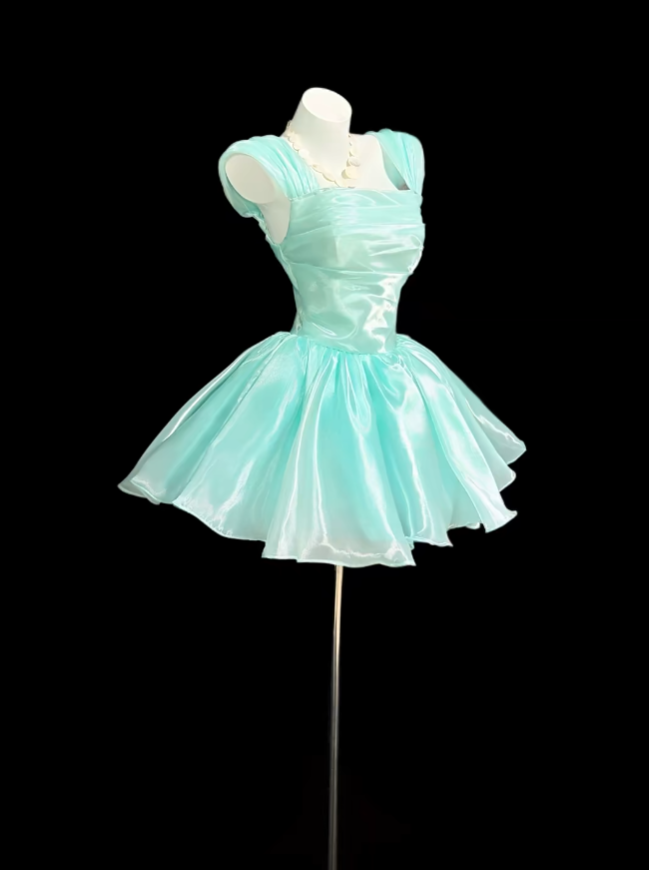 Niedliches Ballkleid, eckiger Ausschnitt, Tiffany-Blau, Mini, Senior-Inspo, kurze Geburtstagsparty-Outfits für den 17. Geburtstag, formelle Heimkehrkleider RB3102