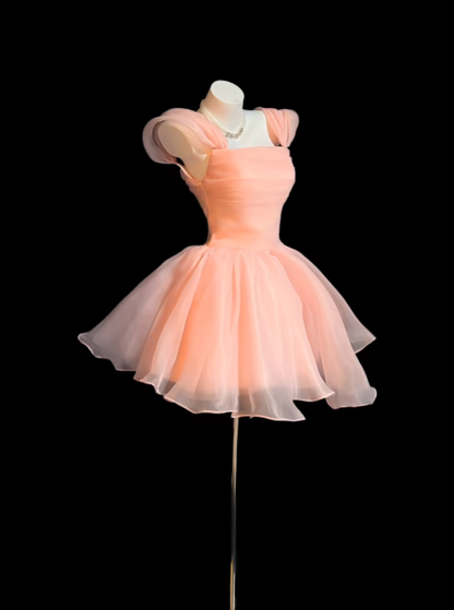 Süßes Ballkleid, eckiger Ausschnitt, errötendes Rosa, Mini-Senioren-Inspo, kurze Geburtstagsparty-Outfits für den 17. Geburtstag, formelle Heimkehrkleider RB3103