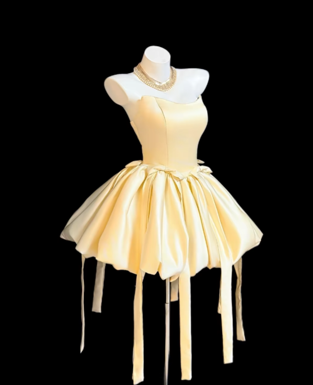 Hübsches Ballkleid Sweetheart Gelber Satin Für Damen Mädchen Teenager Abschlussfeier Inspo Kurze Outfits zum 15. Geburtstag Homecoming Kleider RB3106