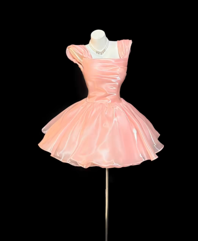 Süßes Ballkleid mit eckigem Ausschnitt in Rouge-Rosa, Mini, Senior Inspo, kurze Geburtstagsparty-Outfits für den 19. Geburtstag, formelle Heimkehrkleider RB3108