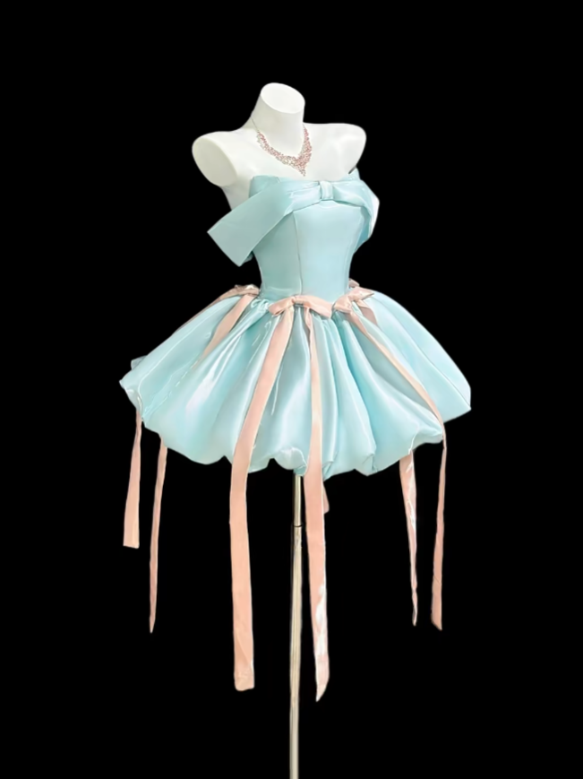 Robe de bal esthétique bustier bleu pour un 18e anniversaire, idées de tenues avec inspiration nœud, robe courte Hoco, robes de retour à la maison RB3109