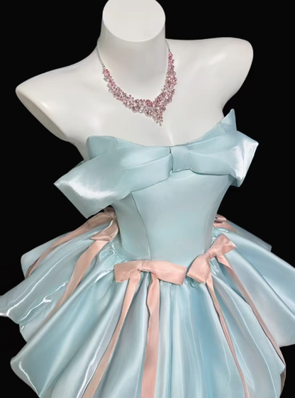 Robe de bal esthétique bustier bleu pour un 18e anniversaire, idées de tenues avec inspiration nœud, robe courte Hoco, robes de retour à la maison RB3109