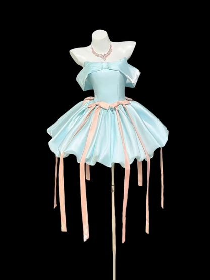 Robe de bal esthétique bustier bleu pour un 18e anniversaire, idées de tenues avec inspiration nœud, robe courte Hoco, robes de retour à la maison RB3109