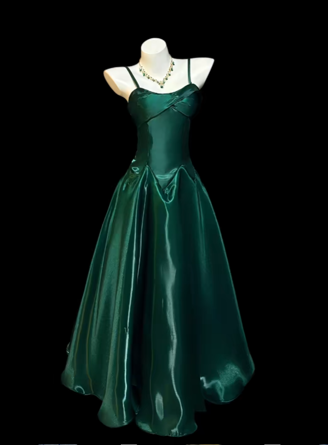 Bescheidenes A-Linien-Spaghettiträgerkleid in Dunkelgrün, ärmellos, für Geburtstag, Abend, Abschlussball, festliche Anlässe RB3115