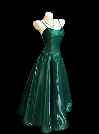 Bescheidenes A-Linien-Spaghettiträgerkleid in Dunkelgrün, ärmellos, für Geburtstag, Abend, Abschlussball, festliche Anlässe RB3115