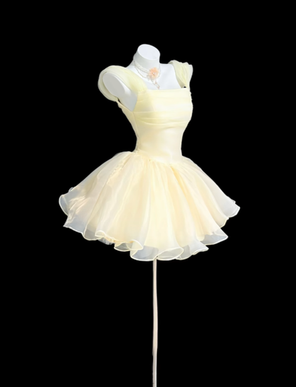 Robe de bal féerique jaune clair col carré robe de bal de fin d'études mini inspiration senior robe de soirée courte RB3119