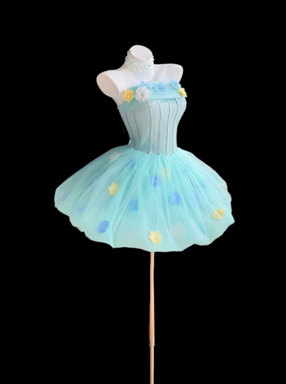 Robe de bal mignonne bustier bleu ciel clair avec fleurs 3D Mini inspiration senior Robes de soirée d'anniversaire courtes pour 17 ans Robes de retour RB3124