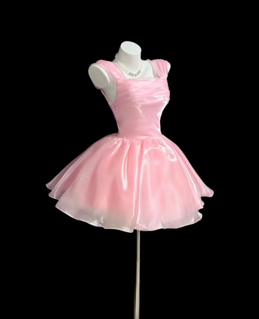 Cute Ball Gown Pink Square Neck Graduation Gown Mini Senior Inspo Short Homecoming Dress RB3127