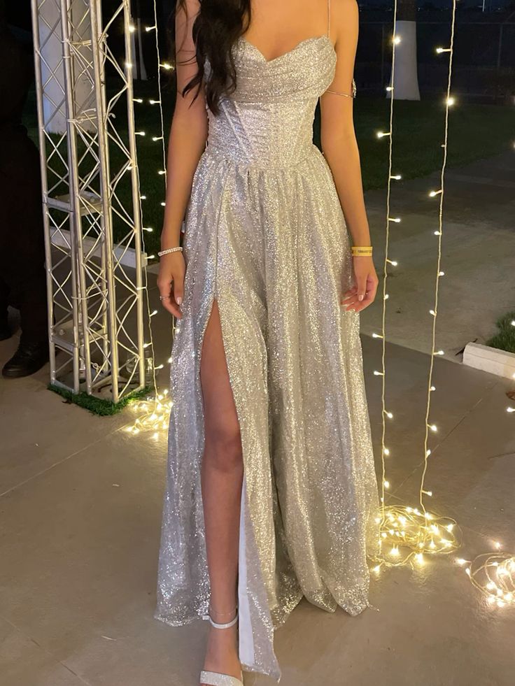 Timeless A Line Spaghetti Straps Sequin White Slit Prom Dress Inspiration Long Party Formal Prom Dresses RB705