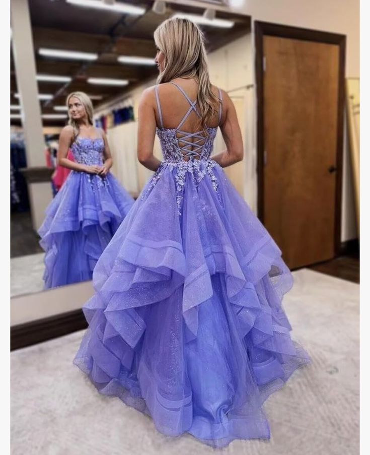 Modest Ball Gown Spaghetti Straps Lilac Appliques Tulle Sleeveless Prom Dresses Party Dress 21st Birthday Outfits Graduation Dress RB710