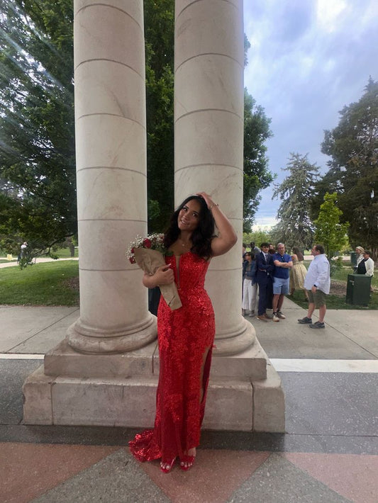 Robe de bal longue en dentelle rouge, style sirène, bretelles spaghetti, sans manches, fendue, tenue de soirée pour 21e anniversaire, robe de remise de diplôme, RB711