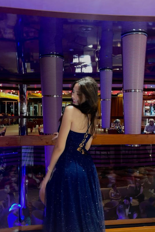 Modest A Line Spaghetti Straps Navy Blue Sequin Sleeveless Long Prom Dresses Party Dress 21st Birthday Outfits Graduation Dress RB714