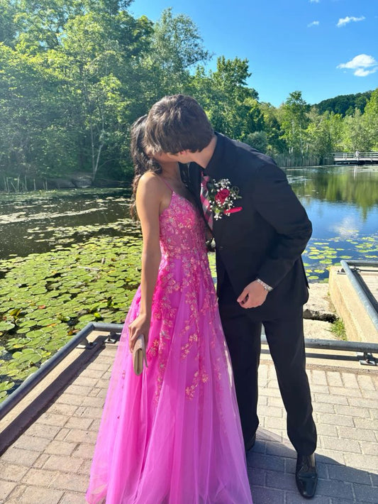 Cute Ball Gown Spaghetti Straps Pink Appliques Tulle Sleeveless Prom Dresses Party Dress 21st Birthday Outfits Graduation Dress RB715