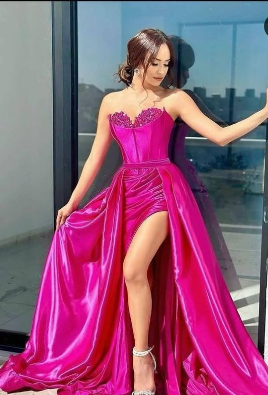 Robe de bal longue en satin rose, élégante, décolleté en cœur, style sirène, fendue, tenue de soirée pour 22e anniversaire, robe de remise de diplôme, RB718