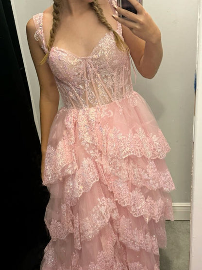 Elegantes Ballkleid, ärmellos, Spitze, Schlitz, bodenlang, hellrosa, Ballkleid-Inspirationsideen, Ball-Inspo-Kleider, Partykleid RB724