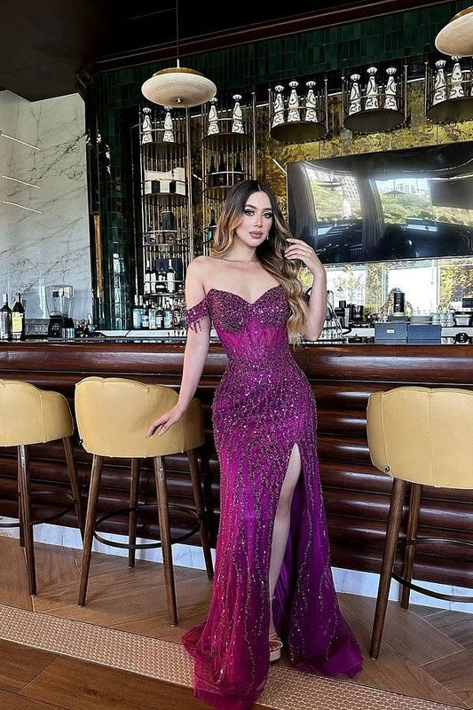 Robe de bal sirène à épaules dénudées et fente raisin, tenue de soirée pour 21e anniversaire, robe de remise de diplôme, RB730