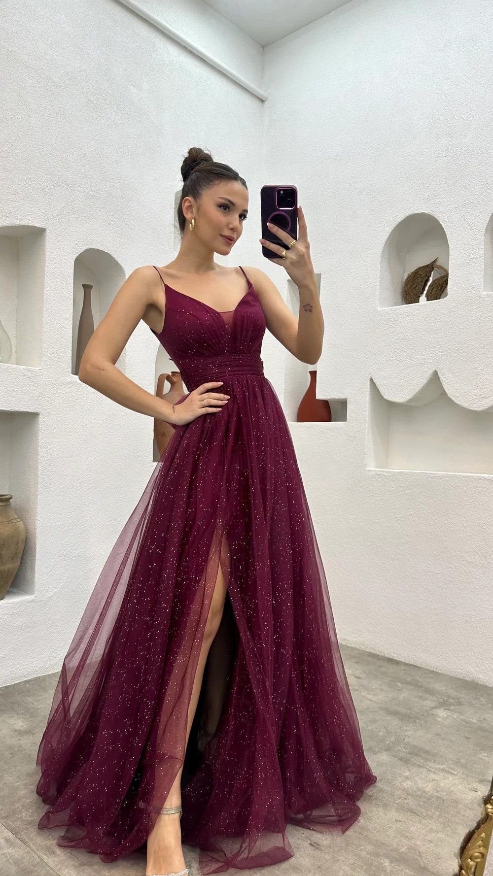 Timeless A Line Spaghetti Straps Sequin Burgundy Slit Prom Dress Inspiration Long Party Formal Prom Dresses RB733