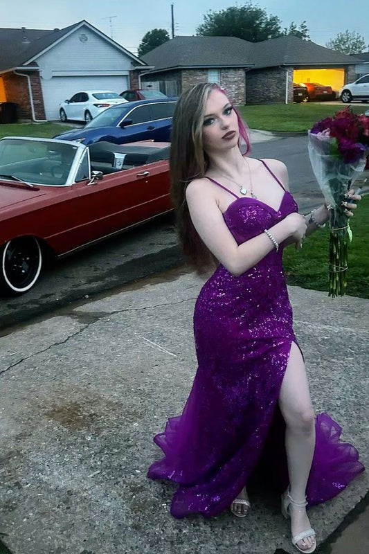 Robe de bal sexy sirène à bretelles spaghetti, couleur raisin, paillettes, fendue, tenue de fête pour 21e anniversaire, robe de remise de diplôme, RB739