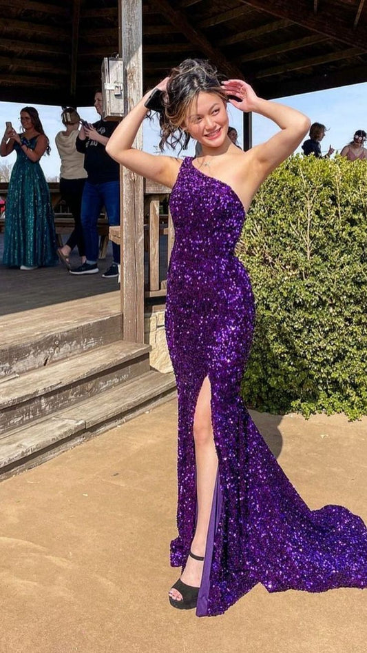 Robe de bal sexy sirène asymétrique à paillettes et fente, tenue de soirée pour 21e anniversaire, robe de remise de diplôme RB741
