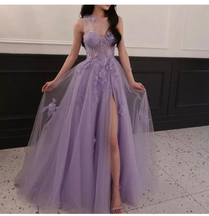 Elegant A line One Shoulder Lilac Tulle Lace Slit Prom Dress Inspiration Party Formal Prom Dresses RB746