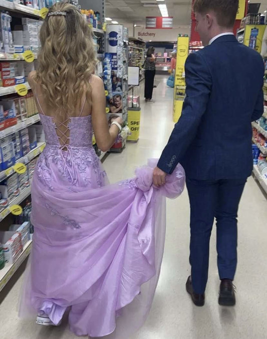 Cute Ball Gown Spaghetti Straps Lilac Lace Prom Dresses Party Dress Birthday Outfits Graduation Dress RB757