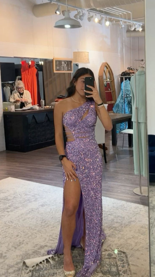 Robe fourreau élégante asymétrique à paillettes lilas fendue, robe de bal esthétique pour seniors, tenue d'anniversaire, robe de remise de diplôme RB761