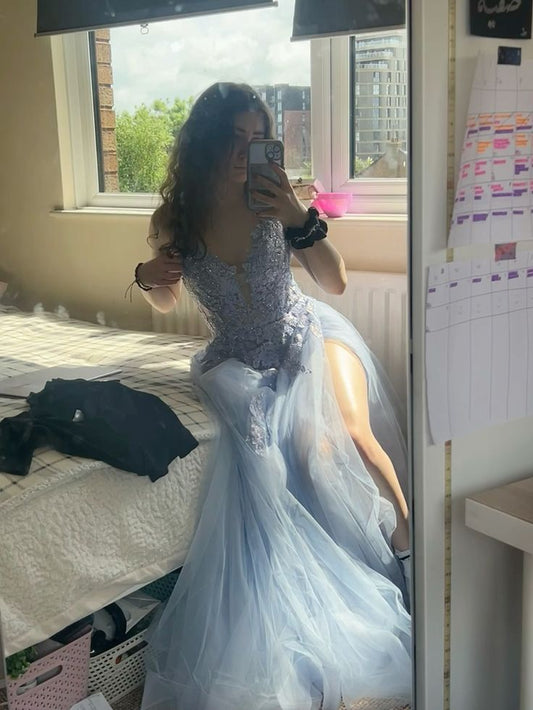 Trendy A Line Spaghetti Straps Light Sky Blue Slit Lace Prom Dresses Party Dress 18th Birthday Outfits Graduation Dress RB762