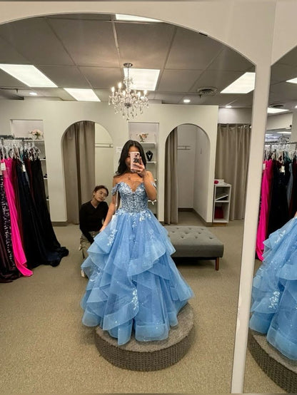 Süßes Ballkleid aus der Schulter blau Spitze Tüll Ballkleider Partykleid Geburtstag Outfits Abschlusskleid RB765