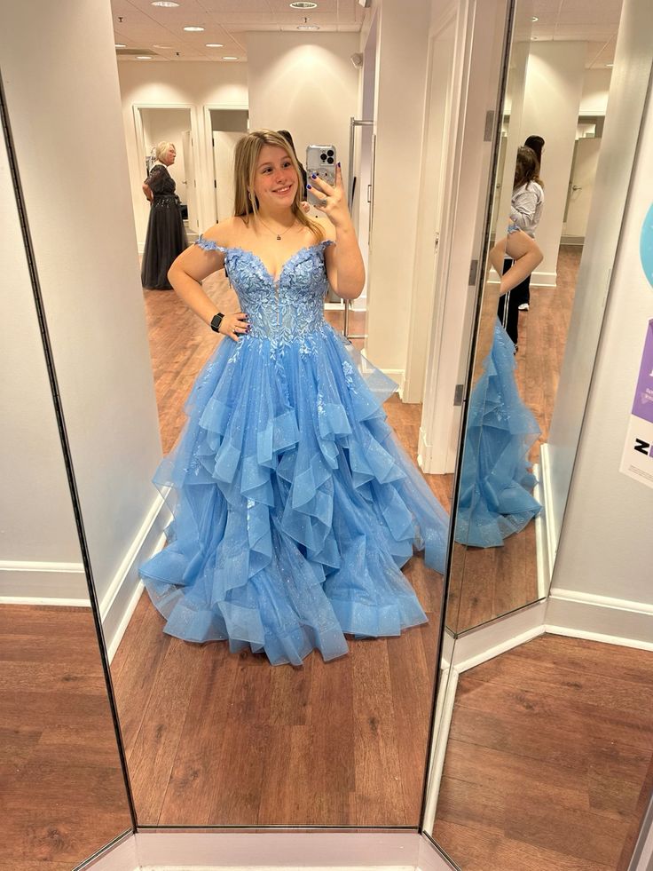 Süßes Ballkleid aus der Schulter blau Spitze Tüll Ballkleider Partykleid Geburtstag Outfits Abschlusskleid RB765