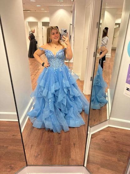 Süßes Ballkleid aus der Schulter blau Spitze Tüll Ballkleider Partykleid Geburtstag Outfits Abschlusskleid RB765