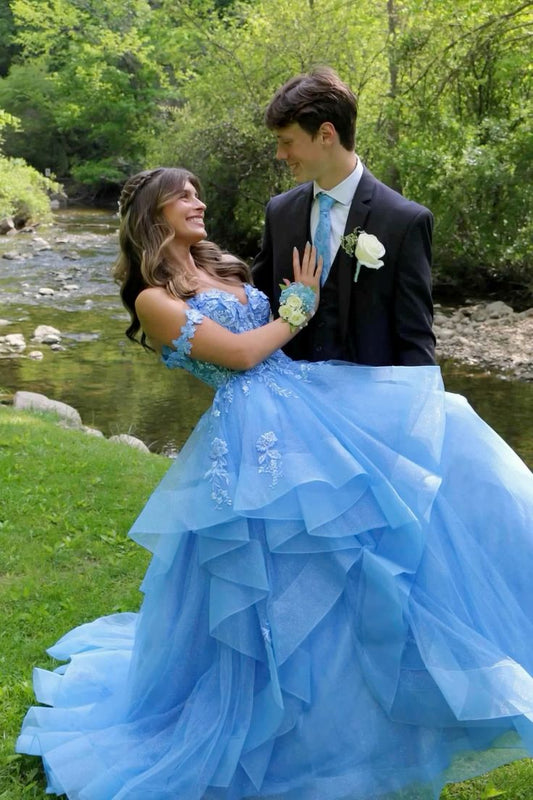 Cute Ball Gown Off The Shoulder Blue Lace Tulle Prom Dresses Party Dress Birthday Outfits Graduation Dress RB765